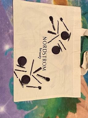 Nordstrom Beauty Flat Tote in Cream with Purple Imprint
